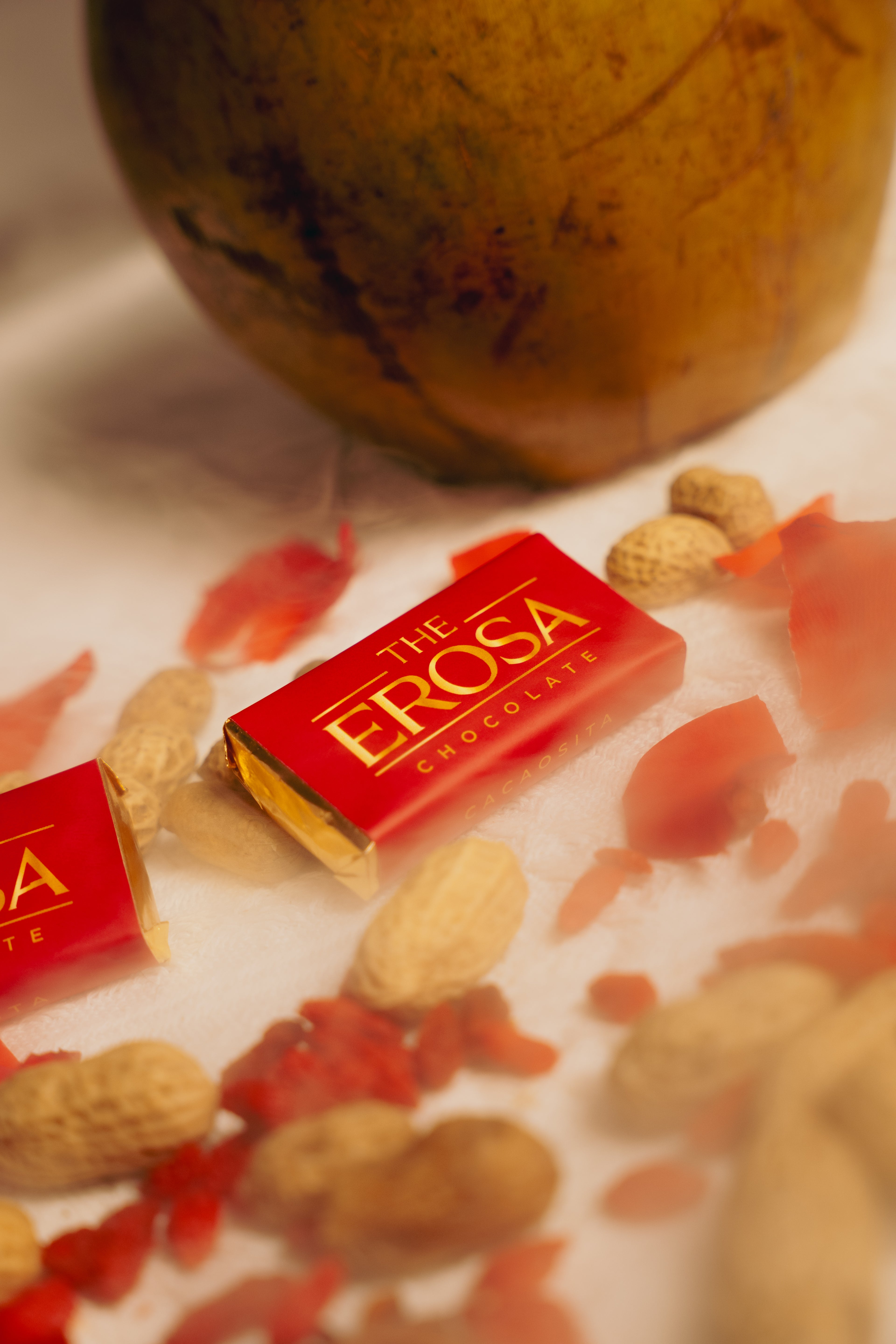 Erosa chocolate bar with peanuts and dried fruits on a white surface
